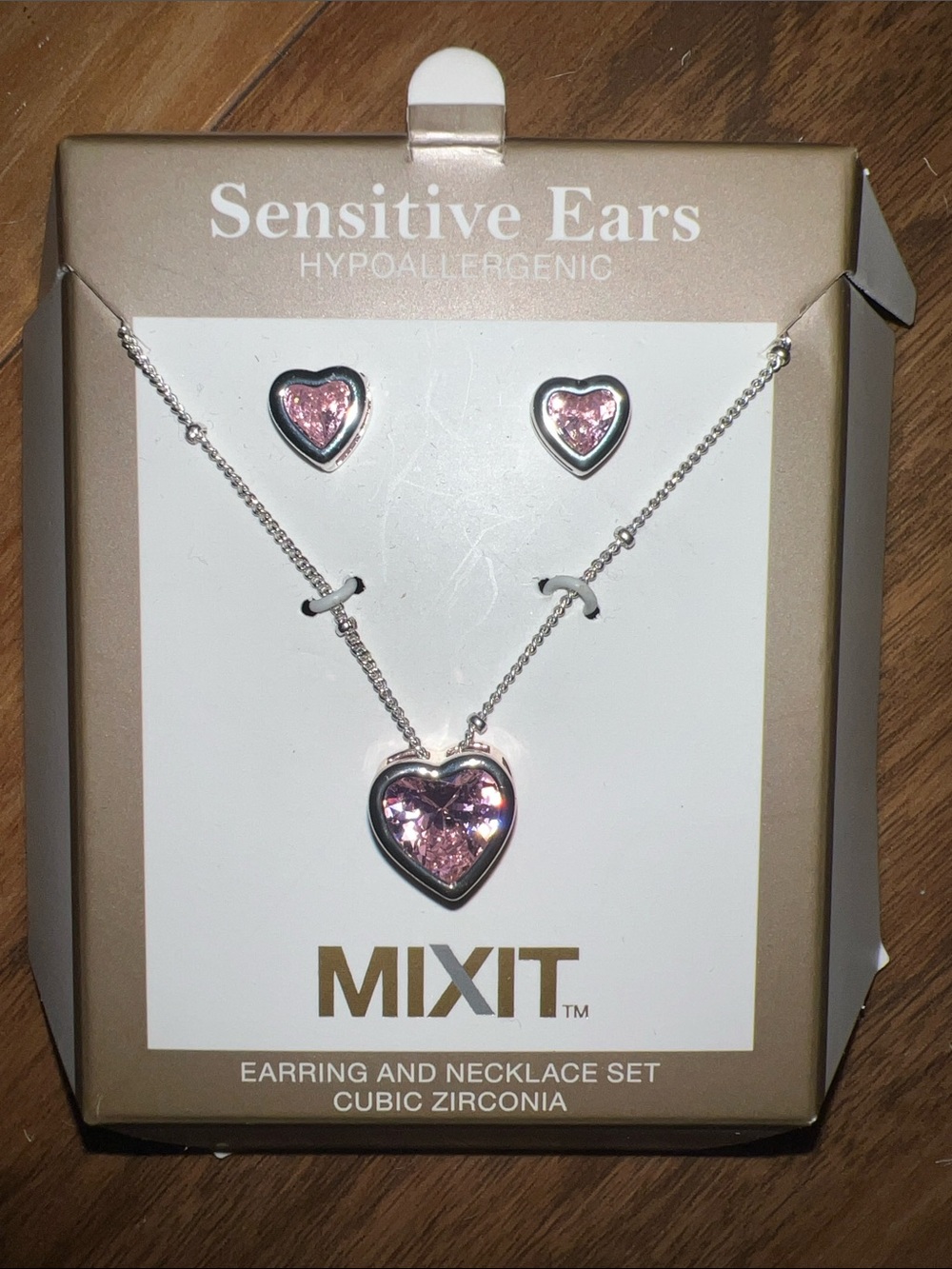 Mixit Silver-Tone Necklace and Stud Earring Set with Pink Heart Stones